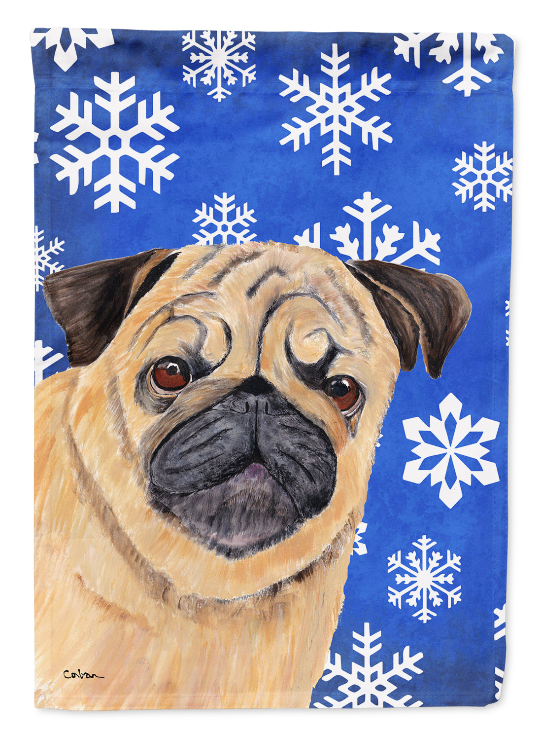 Pug Winter Snowflakes Holiday House Flag 28x40 Porch Sleeve Pole Decorative Outside Yard Banner Artwork Wall Hanging, Polyester