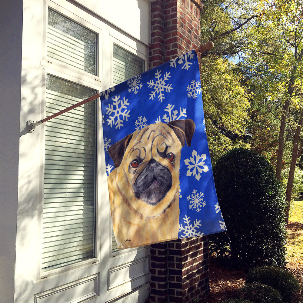 Pug Winter Snowflakes Holiday House Flag 28x40 Porch Sleeve Pole Decorative Outside Yard Banner Artwork Wall Hanging, Polyester