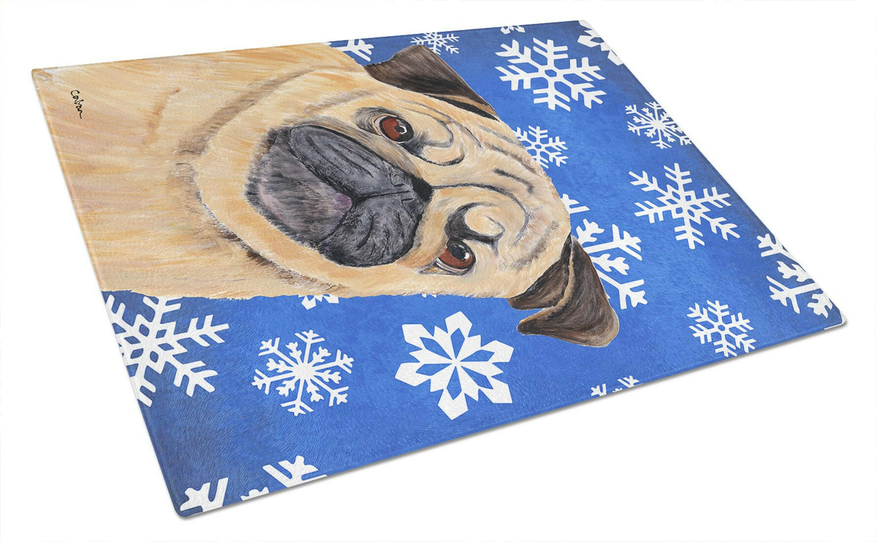 Pug Winter Snowflakes Holiday Cutting Board Tempered Glass Kitchen Cutting Surface, Heat Resistant Chopping, Non-Slip Feet, Food Prep & Serving