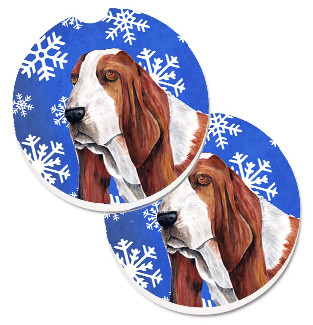 Basset Hound Winter Snowflakes Holiday Set of 2 Cup Holder Car Coasters Absorbent Round Sandstone Coasters Gifts for Men or Women, 2.5, Multicolor