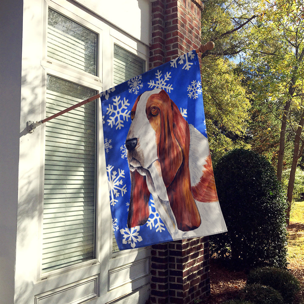 Basset Hound Winter Snowflakes Holiday House Flag 28x40 Porch Sleeve Pole Decorative Outside Yard Banner Artwork Wall Hanging, Polyester