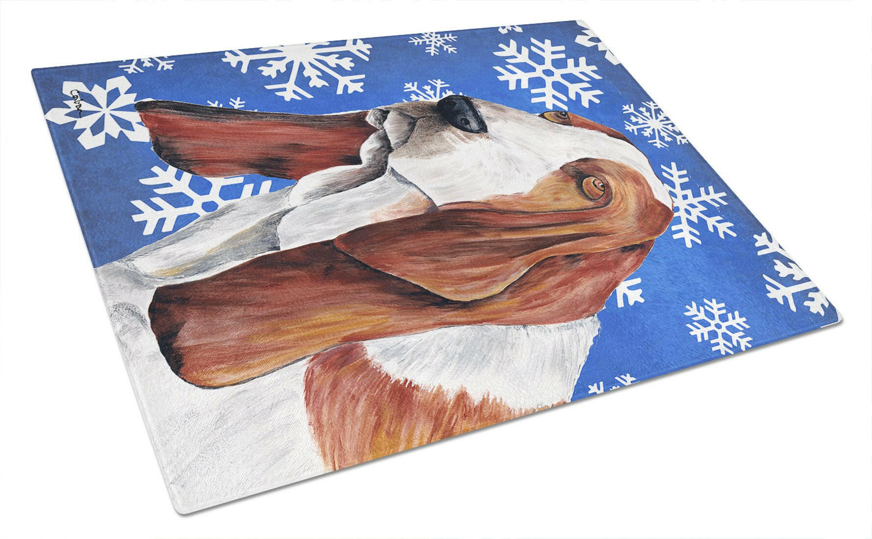 Basset Hound Winter Snowflakes Holiday Cutting Board Tempered Glass Kitchen Cutting Surface, Heat Resistant Chopping, Non-Slip Feet, Food Prep & Serving