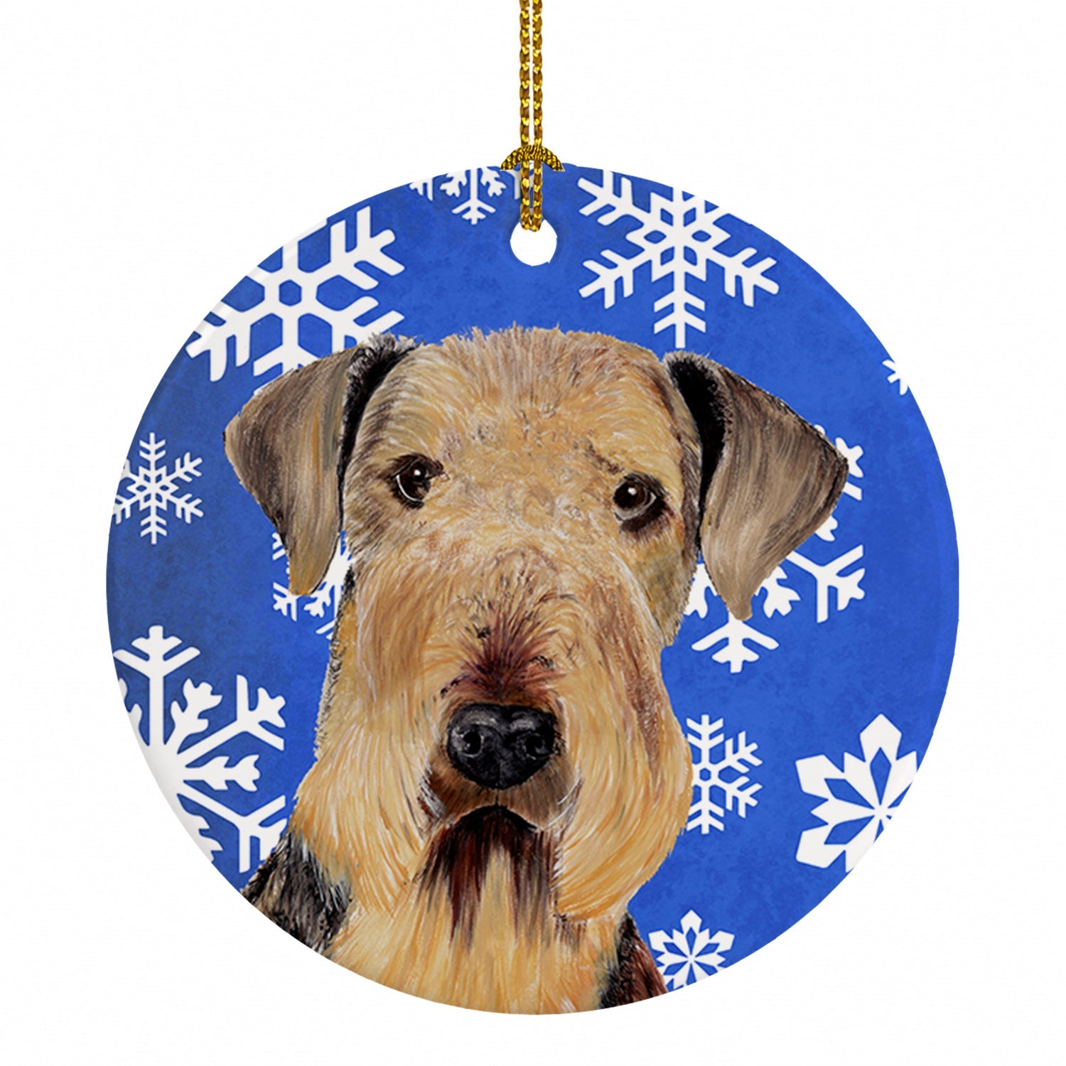 Airedale Winter Snowflakes Holiday Ceramic Ornament Christmas Tree Hanging Decorations for Home Christmas Holiday, Party, Gift, 3 in, Multicolor