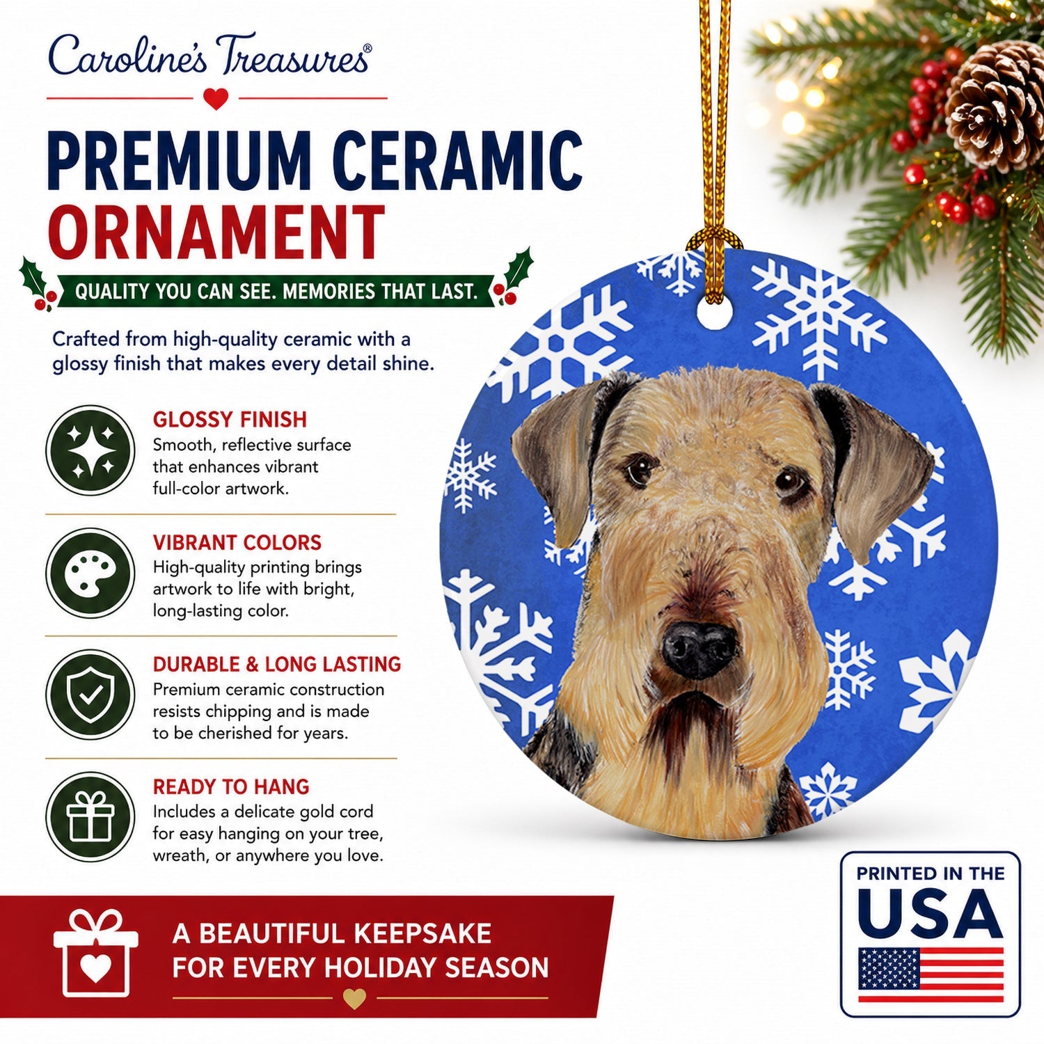 Airedale Winter Snowflakes Holiday Ceramic Ornament Christmas Tree Hanging Decorations for Home Christmas Holiday, Party, Gift, 3 in, Multicolor