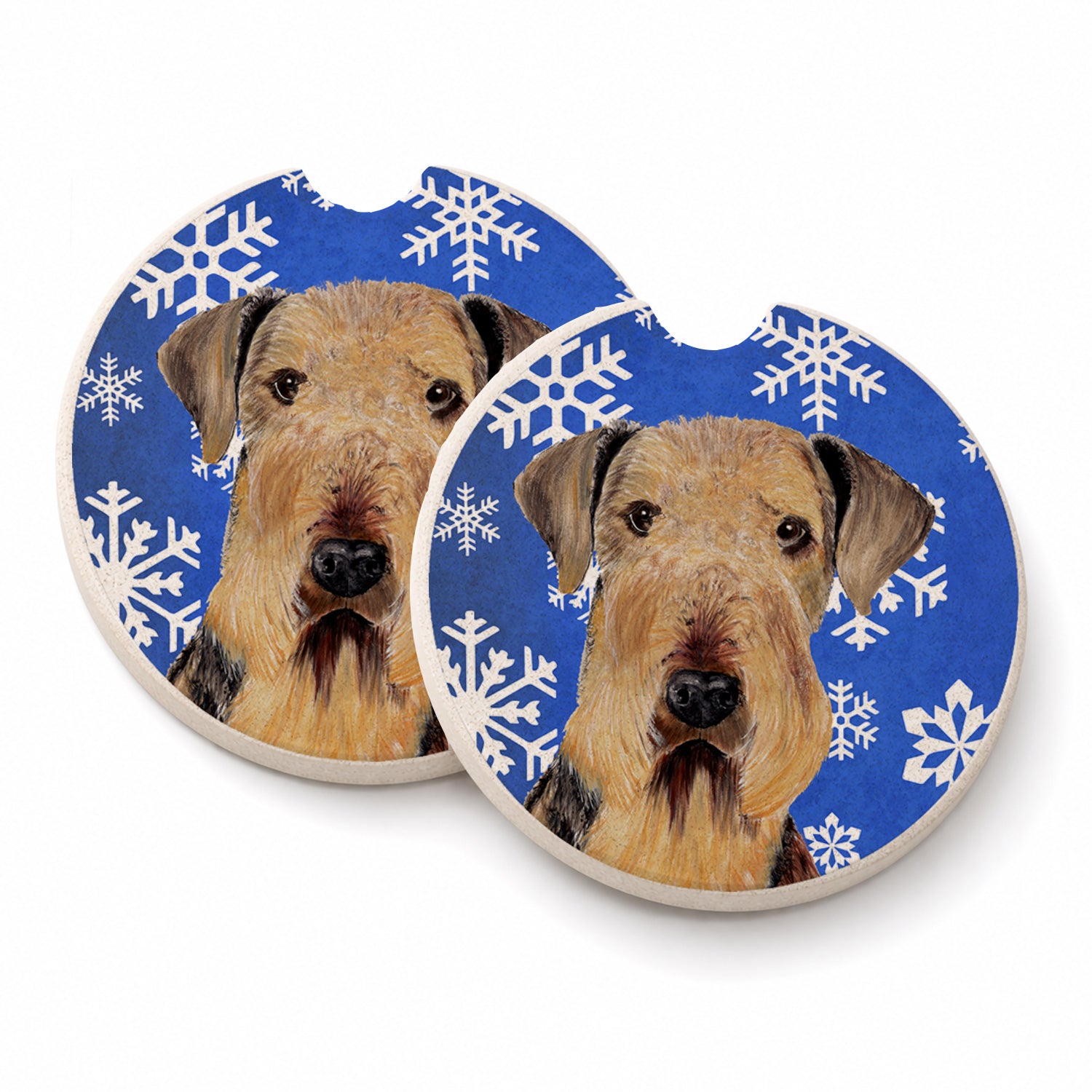Airedale Winter Snowflakes Holiday Set of 2 Cup Holder Car Coasters Absorbent Round Sandstone Coasters Gifts for Men or Women, 2.5, Multicolor