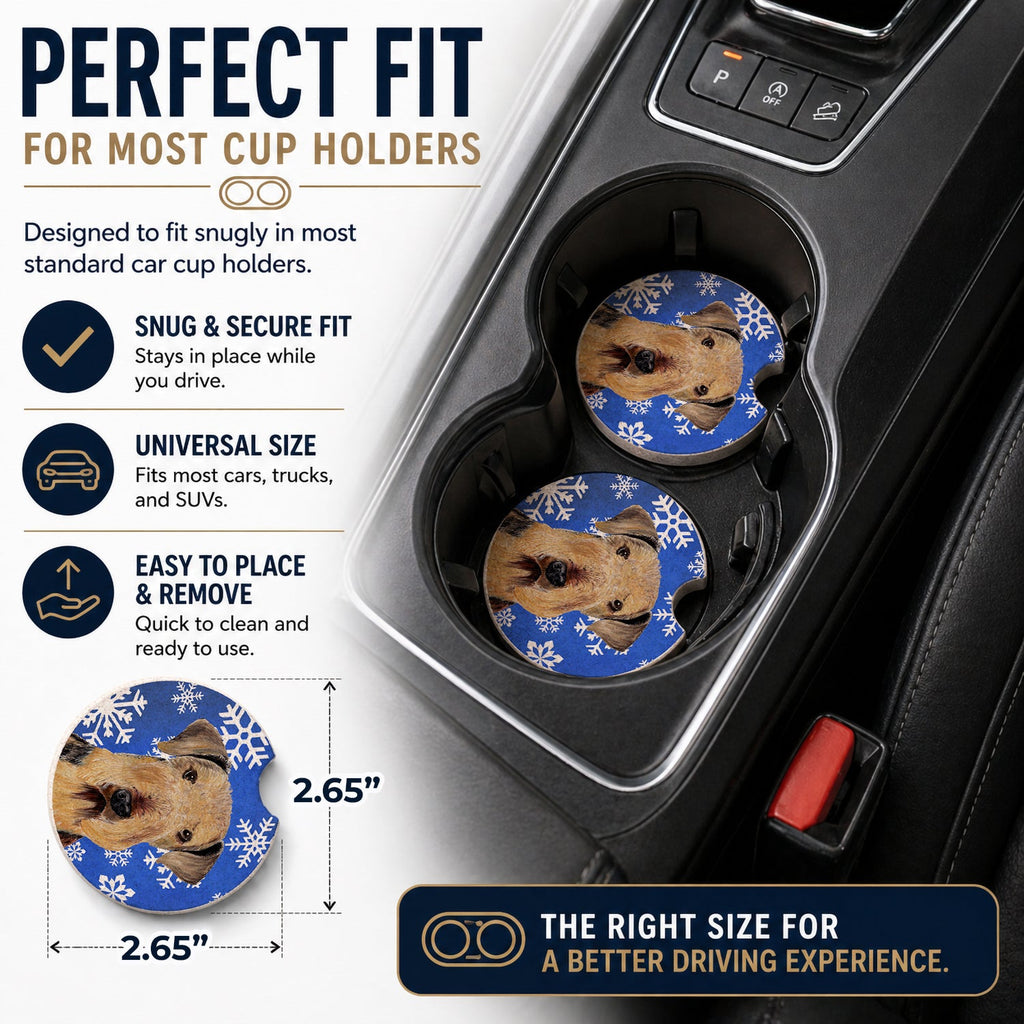 Airedale Winter Snowflakes Holiday Set of 2 Cup Holder Car Coasters Absorbent Round Sandstone Coasters Gifts for Men or Women, 2.5, Multicolor