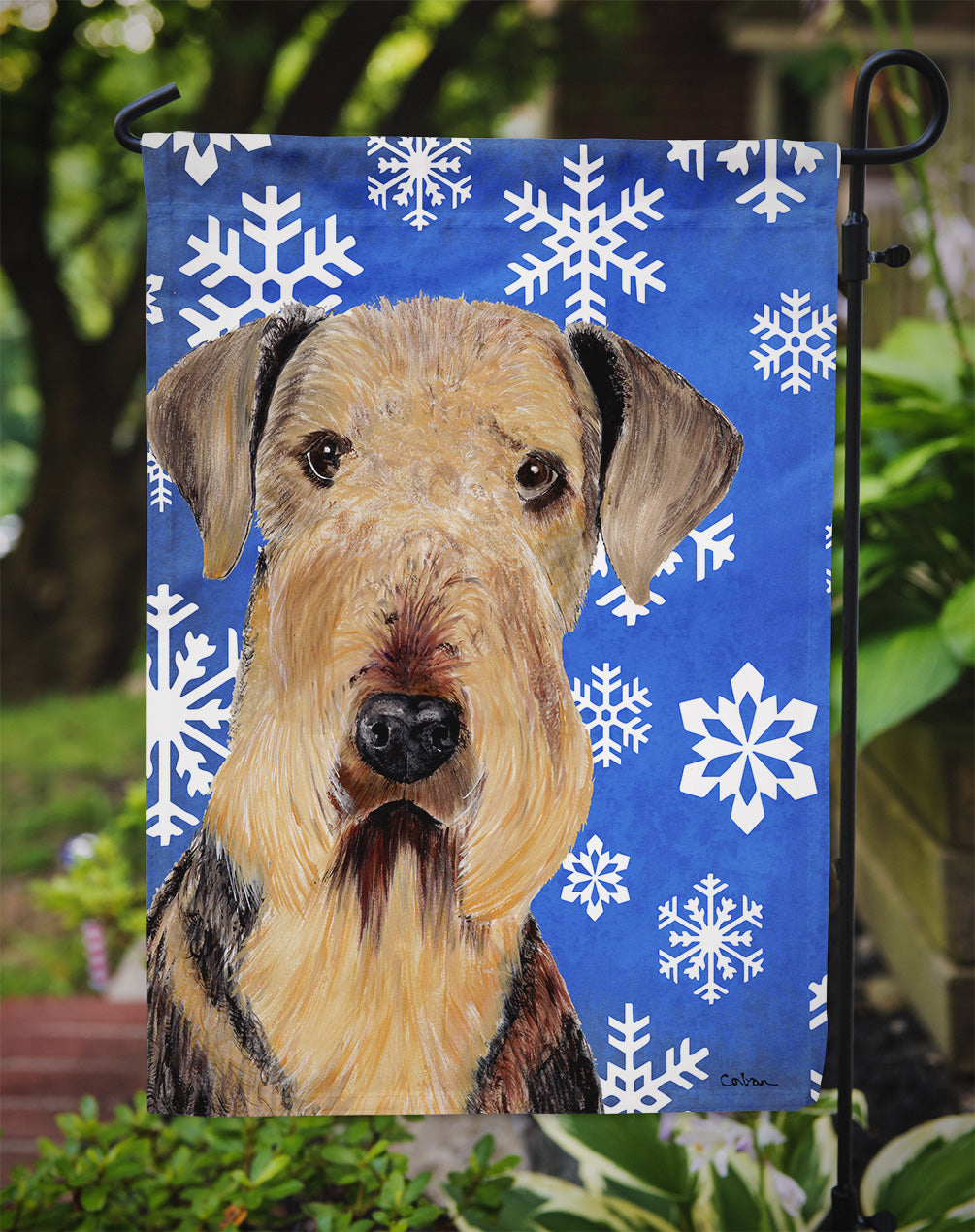 Airedale Winter Snowflakes Holiday Garden Flag Mailbox Decorative Yard Banner Outside Patio Artwork for Flower Beds, Garden Size, Multicolor