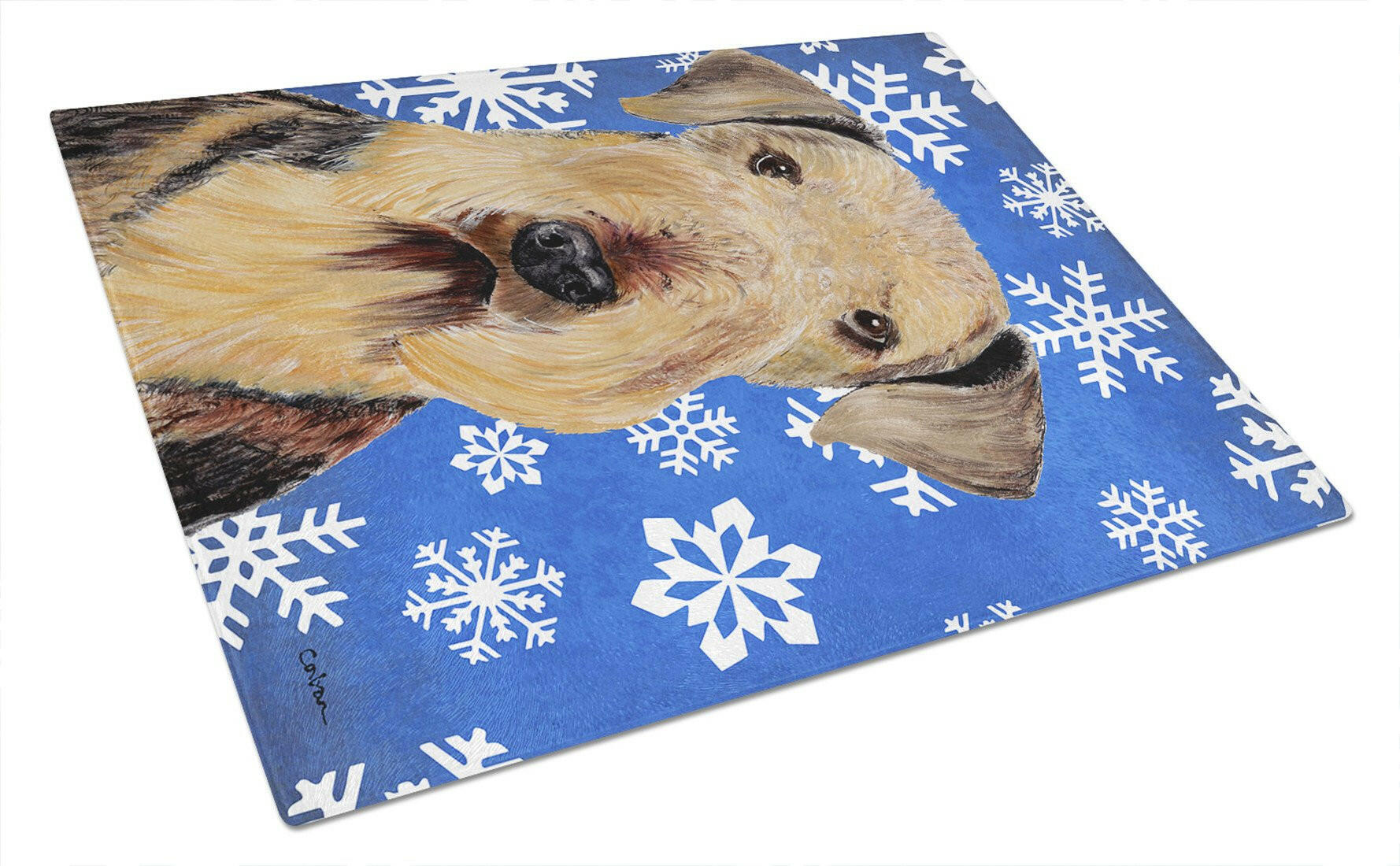 Airedale Winter Snowflakes Holiday Cutting Board Tempered Glass Kitchen Cutting Surface, Heat Resistant Chopping, Non-Slip Feet, Food Prep & Serving
