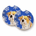 Bulldog English Winter Snowflakes Holiday Set of 2 Cup Holder Car Coasters Absorbent Round Sandstone Coasters Gifts for Men or Women, 2.5, Multicolor