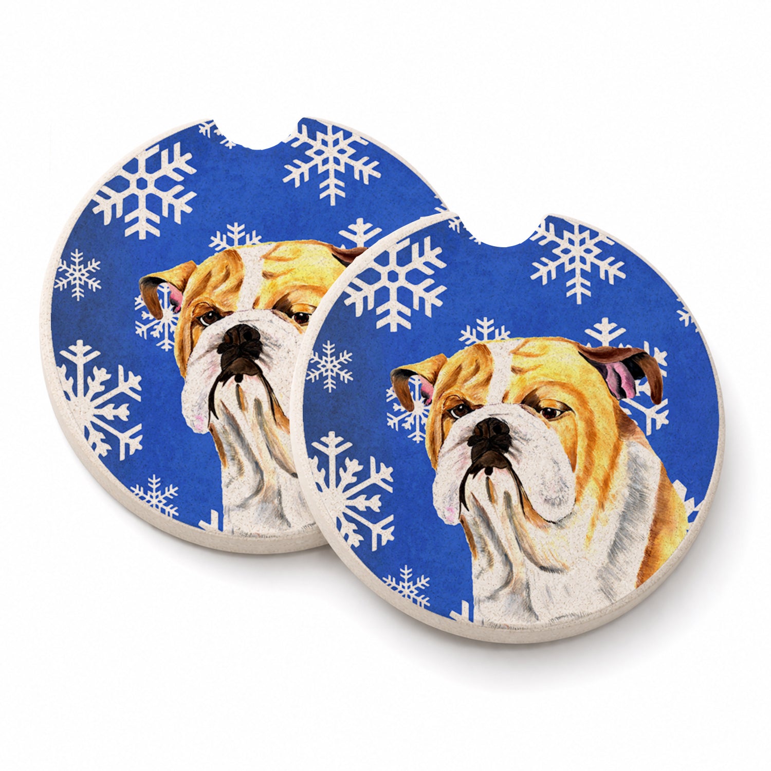 Bulldog English Winter Snowflakes Holiday Set of 2 Cup Holder Car Coasters Absorbent Round Sandstone Coasters Gifts for Men or Women, 2.5, Multicolor