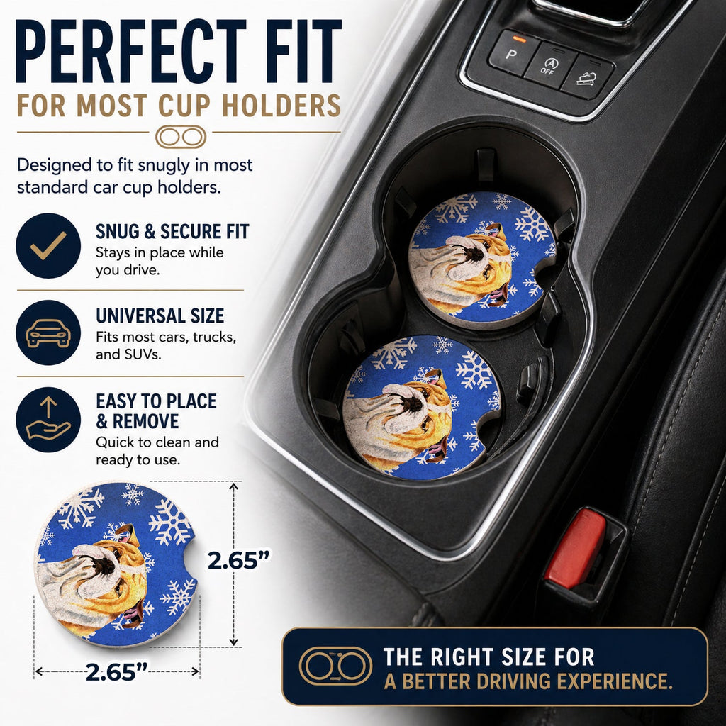 Bulldog English Winter Snowflakes Holiday Set of 2 Cup Holder Car Coasters Absorbent Round Sandstone Coasters Gifts for Men or Women, 2.5, Multicolor