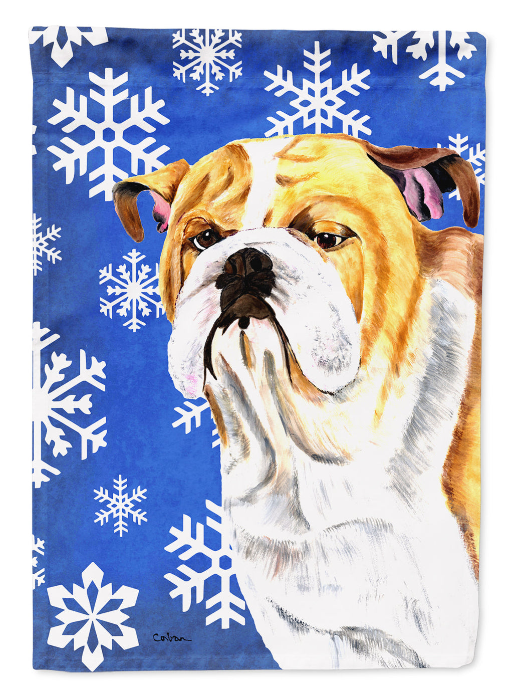 Bulldog English Winter Snowflakes Holiday House Flag 28x40 Porch Sleeve Pole Decorative Outside Yard Banner Artwork Wall Hanging, Polyester