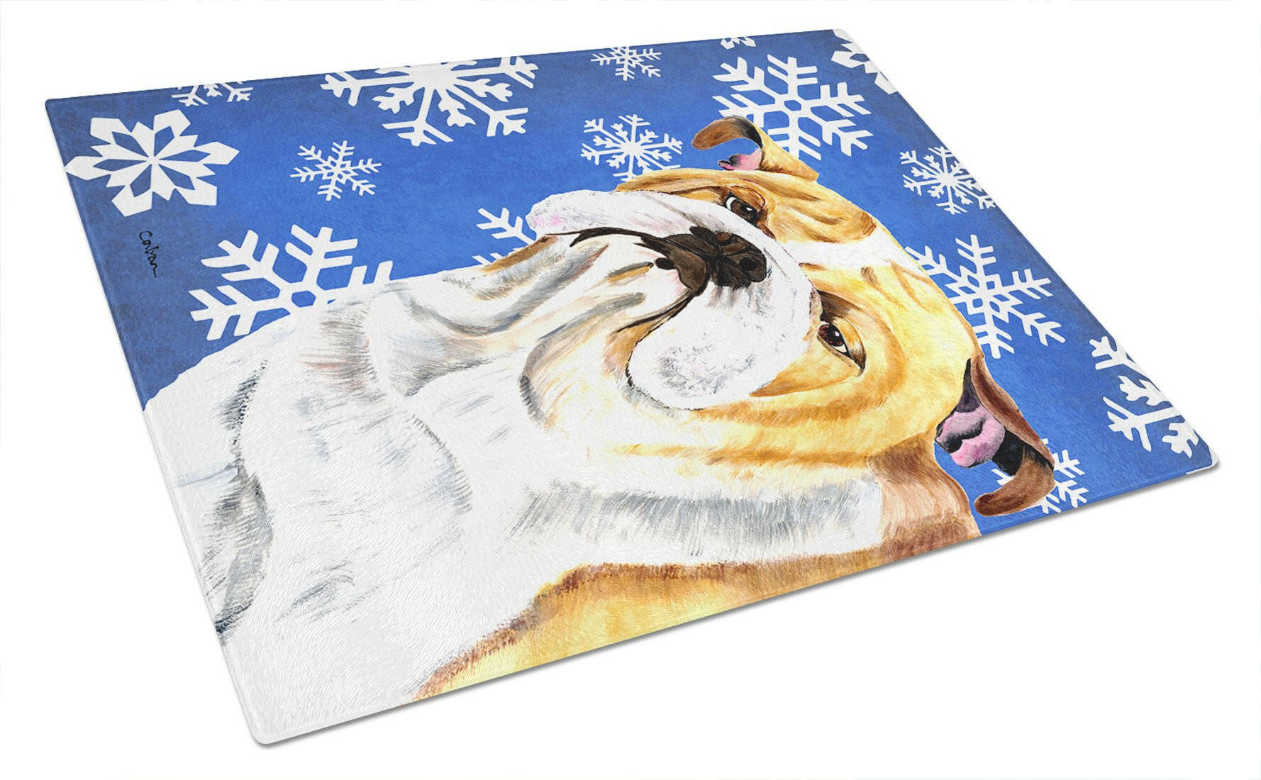 Bulldog English Winter Snowflakes Holiday Cutting Board Tempered Glass Kitchen Cutting Surface, Heat Resistant Chopping, Non-Slip Feet, Food Prep & Serving