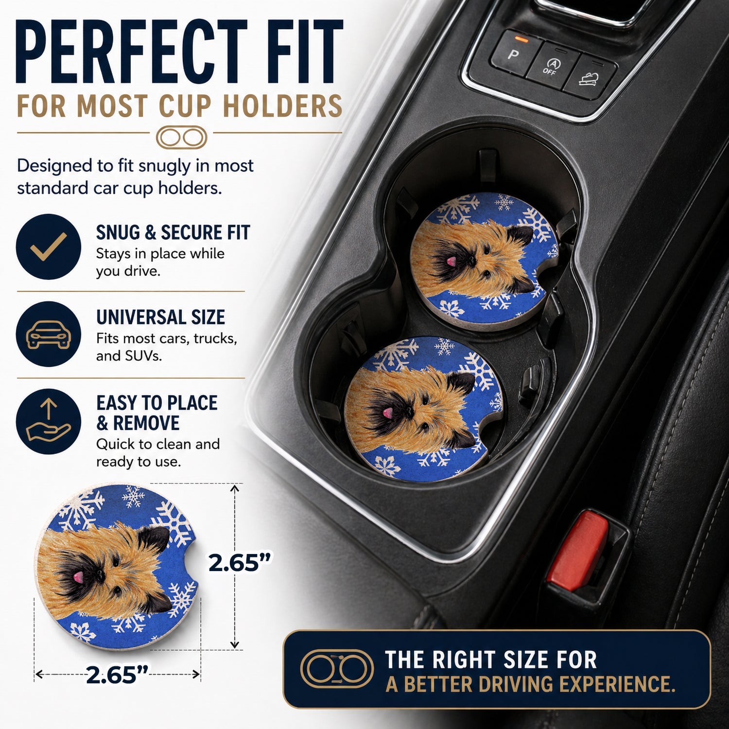 Cairn Terrier Winter Snowflakes Holiday Set of 2 Cup Holder Car Coasters Absorbent Round Sandstone Coasters Gifts for Men or Women, 2.5, Multicolor