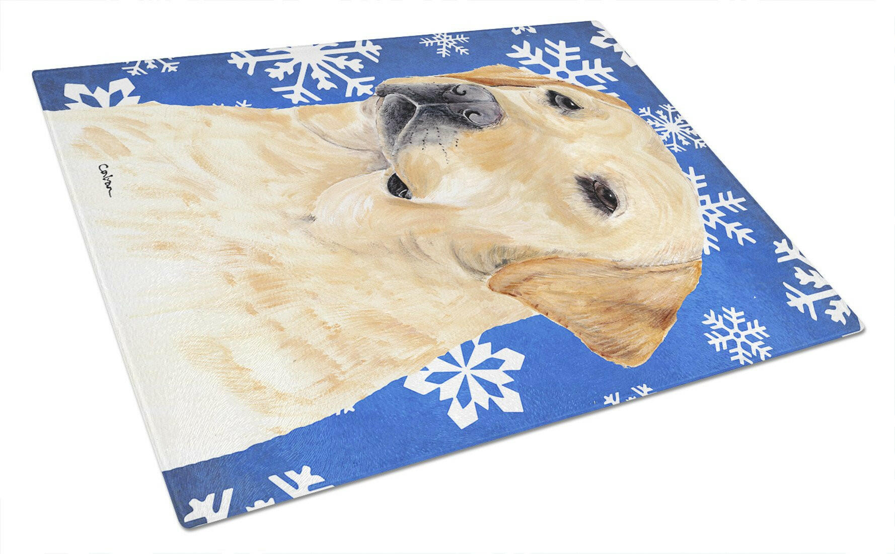 Labrador Winter Snowflakes Holiday Cutting Board Tempered Glass Kitchen Cutting Surface, Heat Resistant Chopping, Non-Slip Feet, Food Prep & Serving