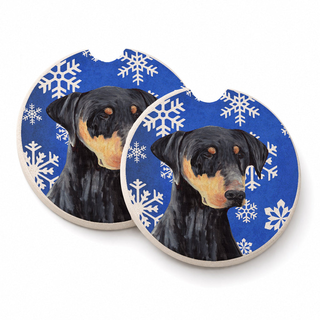 Doberman Winter Snowflakes Holiday Set of 2 Cup Holder Car Coasters Absorbent Round Sandstone Coasters Gifts for Men or Women, 2.5, Multicolor