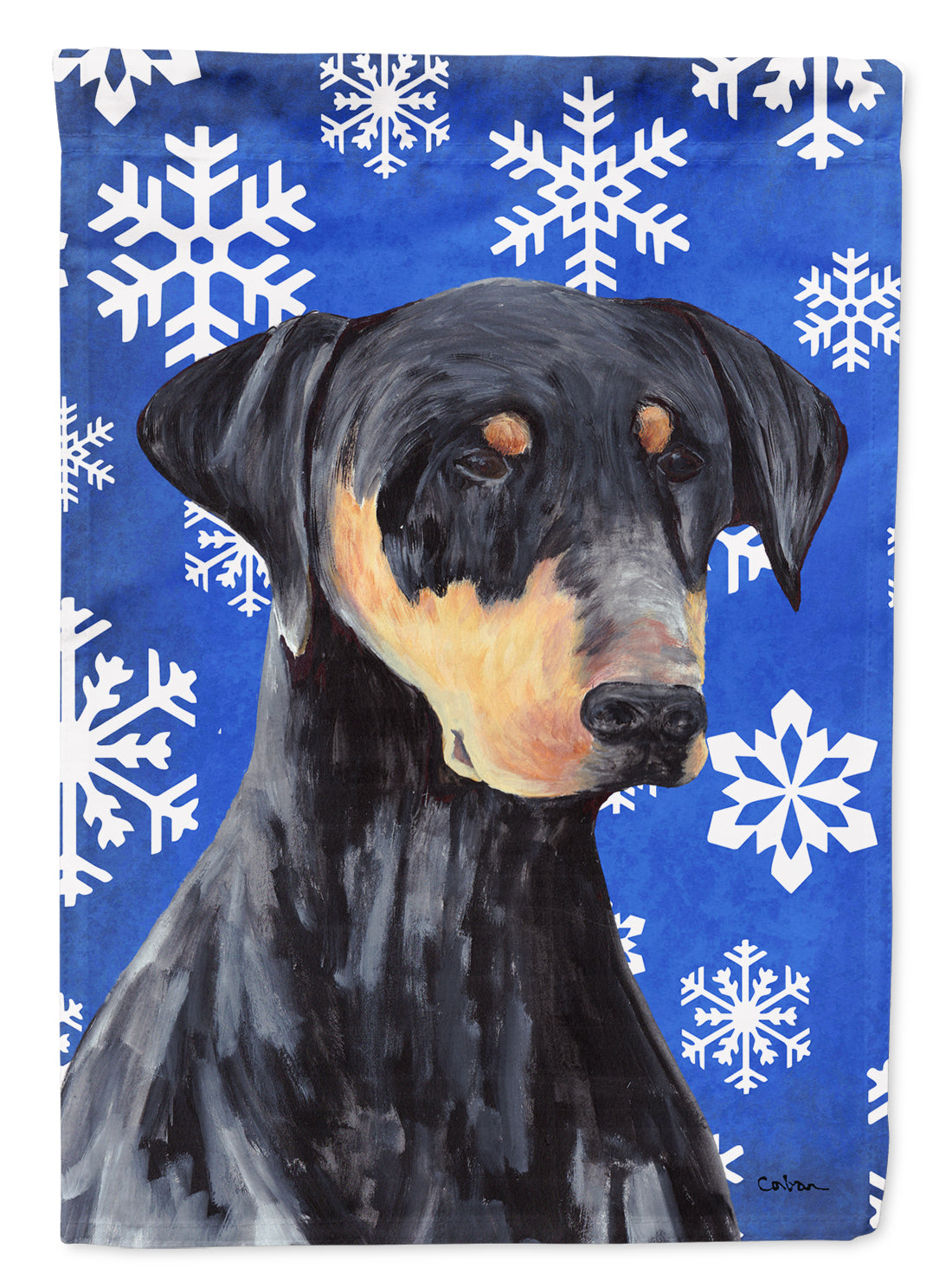 Doberman Winter Snowflakes Holiday House Flag 28x40 Porch Sleeve Pole Decorative Outside Yard Banner Artwork Wall Hanging, Polyester