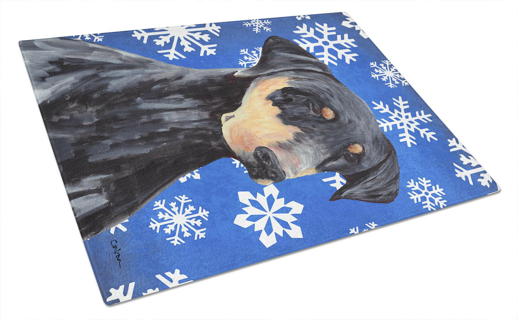 Doberman Winter Snowflakes Holiday Cutting Board Tempered Glass Kitchen Cutting Surface, Heat Resistant Chopping, Non-Slip Feet, Food Prep & Serving