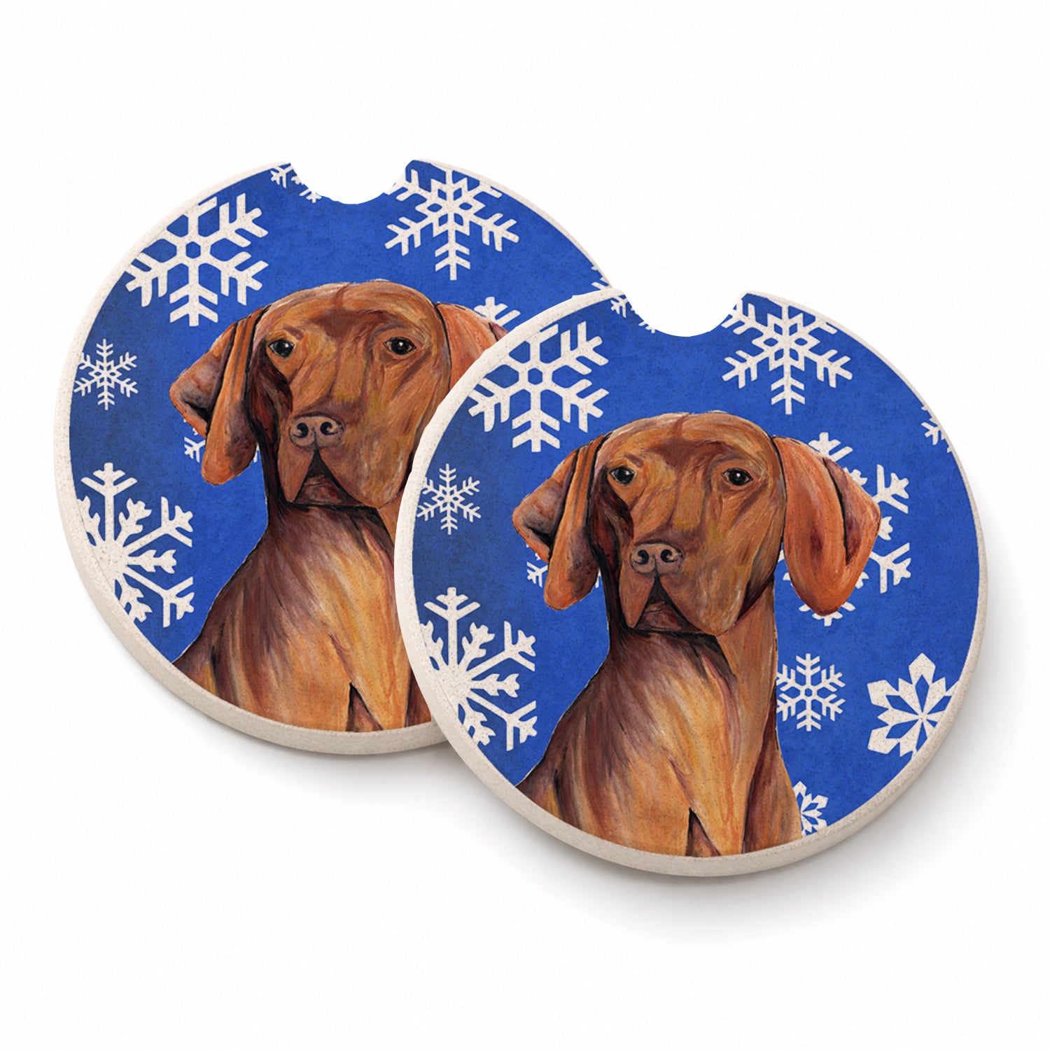 Vizsla Winter Snowflakes Holiday Set of 2 Cup Holder Car Coasters Absorbent Round Sandstone Coasters Gifts for Men or Women, 2.5, Multicolor