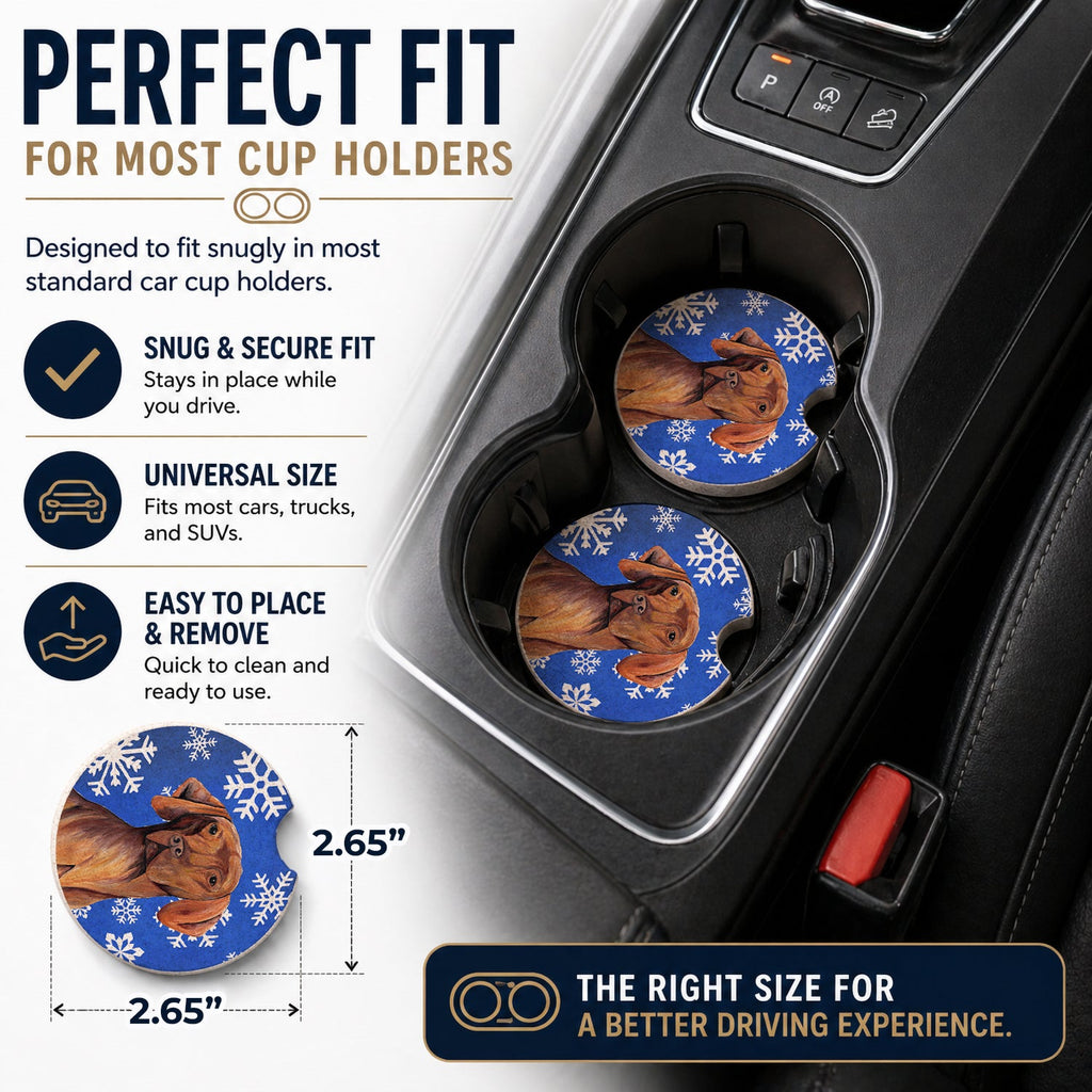 Vizsla Winter Snowflakes Holiday Set of 2 Cup Holder Car Coasters Absorbent Round Sandstone Coasters Gifts for Men or Women, 2.5, Multicolor