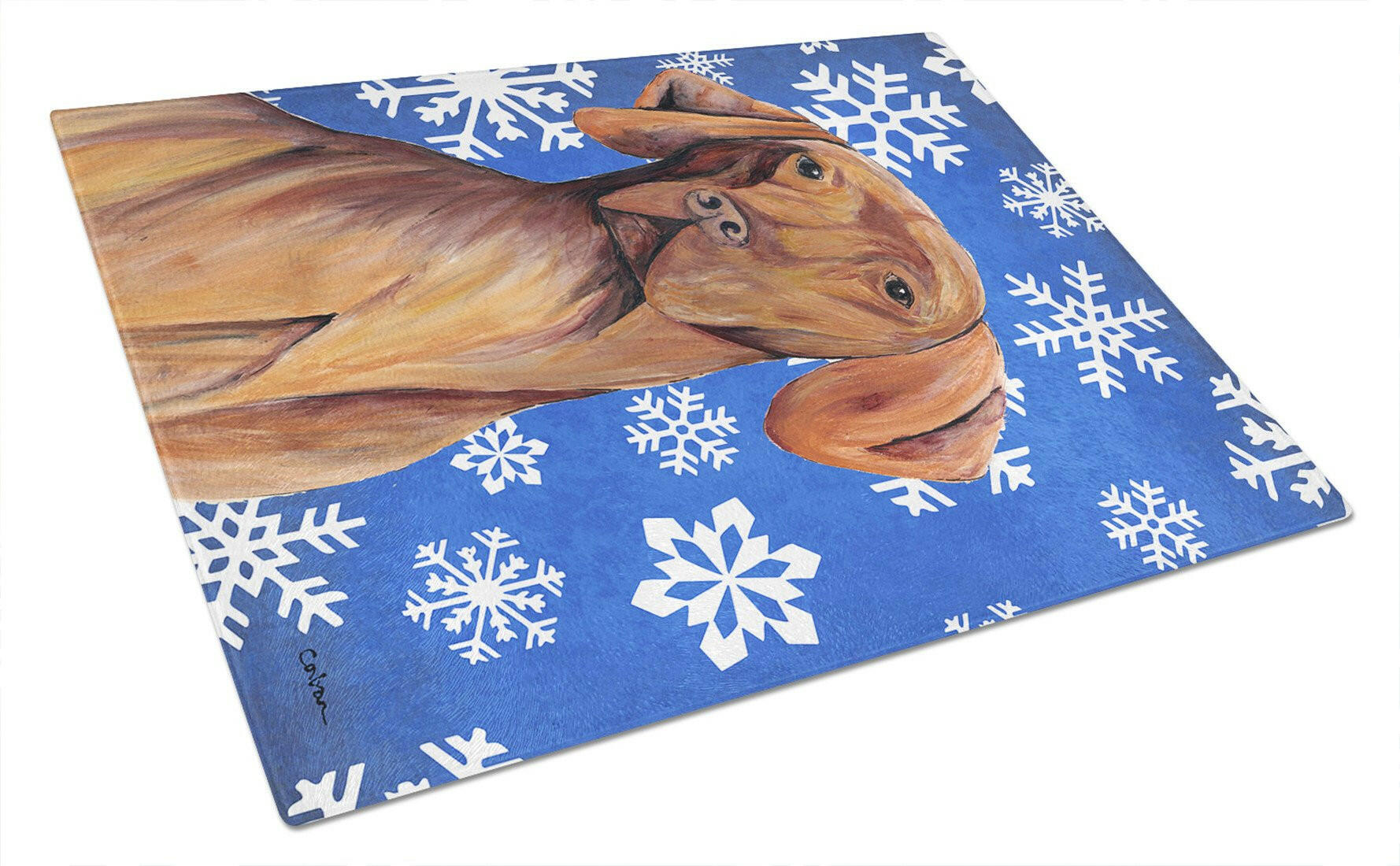 Vizsla Winter Snowflakes Holiday Cutting Board Tempered Glass Kitchen Cutting Surface, Heat Resistant Chopping, Non-Slip Feet, Food Prep & Serving