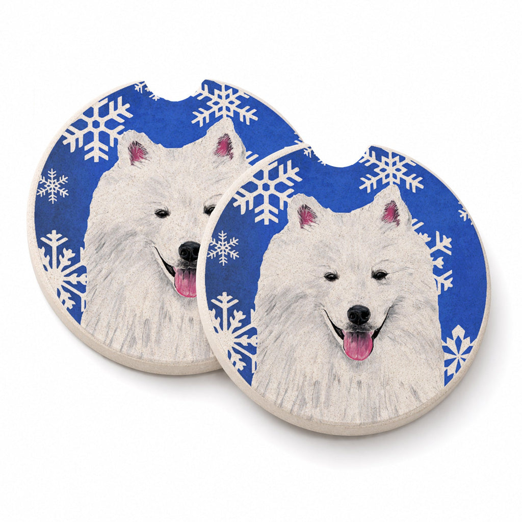American Eskimo Winter Snowflakes Holiday Set of 2 Cup Holder Car Coasters Absorbent Round Sandstone Coasters Gifts for Men or Women, 2.5, Multicolor