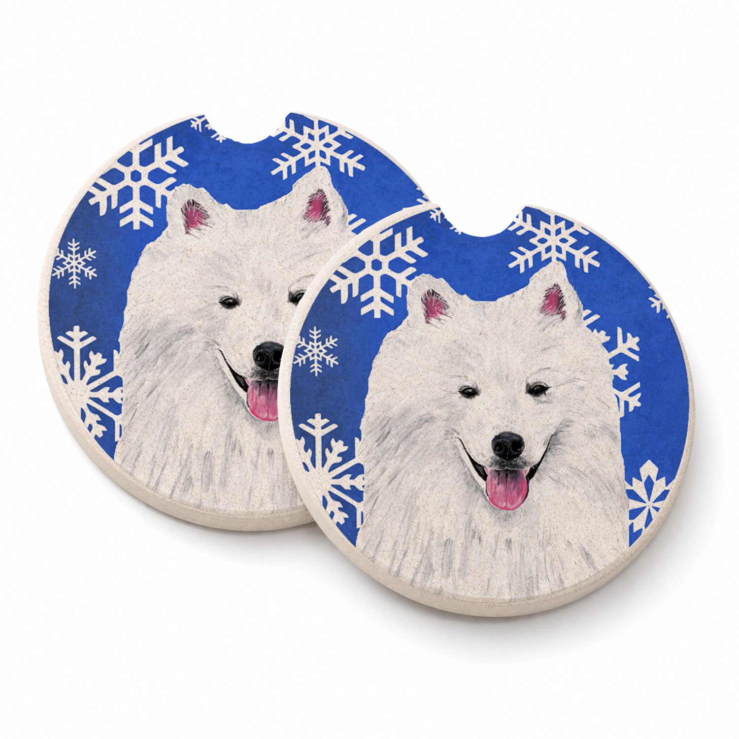 American Eskimo Winter Snowflakes Holiday Set of 2 Cup Holder Car Coasters Absorbent Round Sandstone Coasters Gifts for Men or Women, 2.5, Multicolor