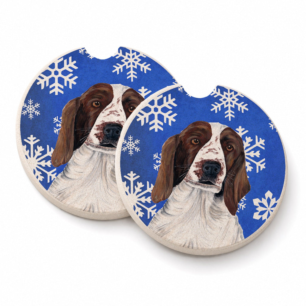 Welsh Springer Spaniel Winter Snowflakes Holiday Set of 2 Cup Holder Car Coasters Absorbent Round Sandstone Coasters Gifts for Men or Women, 2.5, Multicolor