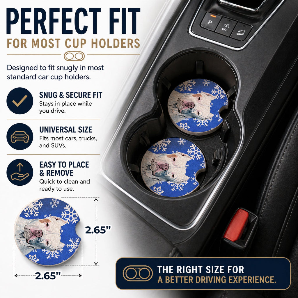 Pit Bull Winter Snowflakes Holiday Set of 2 Cup Holder Car Coasters Absorbent Round Sandstone Coasters Gifts for Men or Women, 2.5, Multicolor