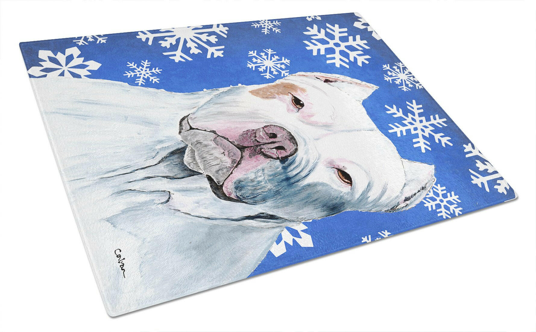 Pit Bull Winter Snowflakes Holiday Cutting Board Tempered Glass Kitchen Cutting Surface, Heat Resistant Chopping, Non-Slip Feet, Food Prep & Serving