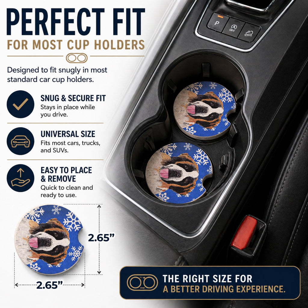 Saint Bernard Winter Snowflakes Holiday Set of 2 Cup Holder Car Coasters Absorbent Round Sandstone Coasters Gifts for Men or Women, 2.5, Multicolor