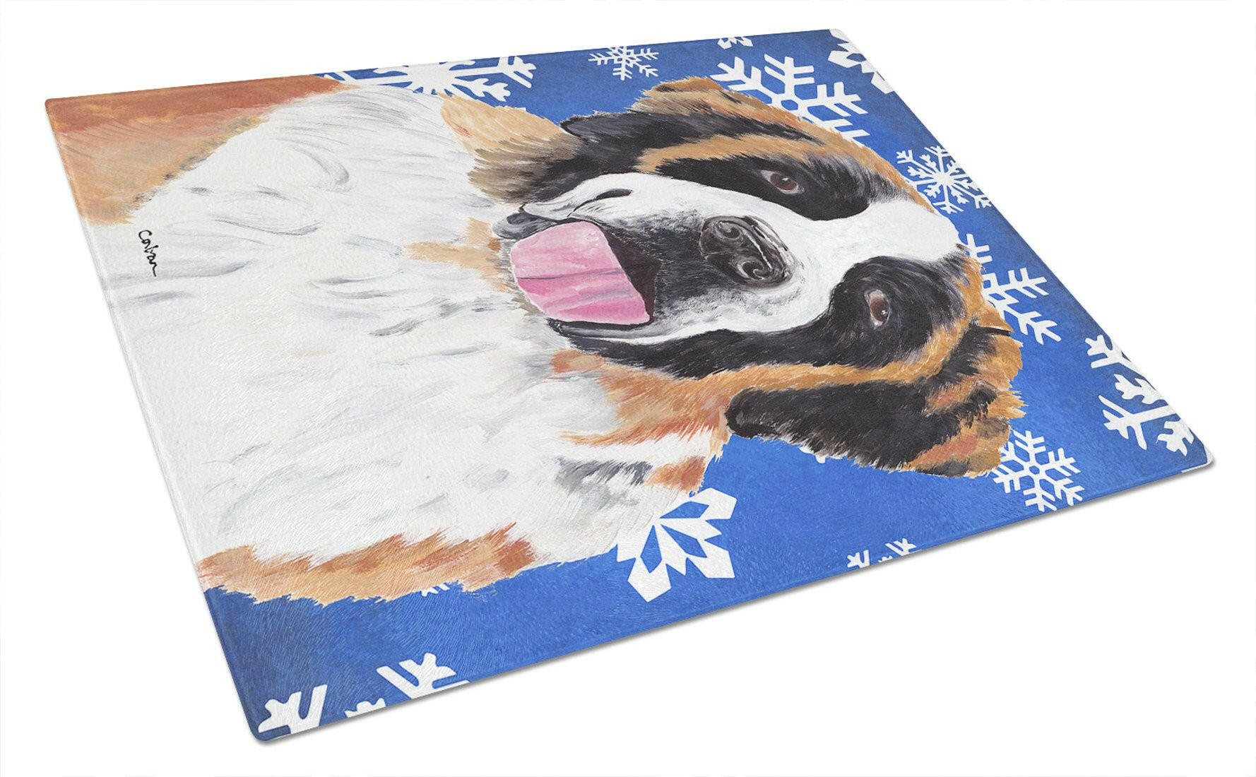 Saint Bernard Winter Snowflakes Holiday Cutting Board Tempered Glass Kitchen Cutting Surface, Heat Resistant Chopping, Non-Slip Feet, Food Prep & Serving