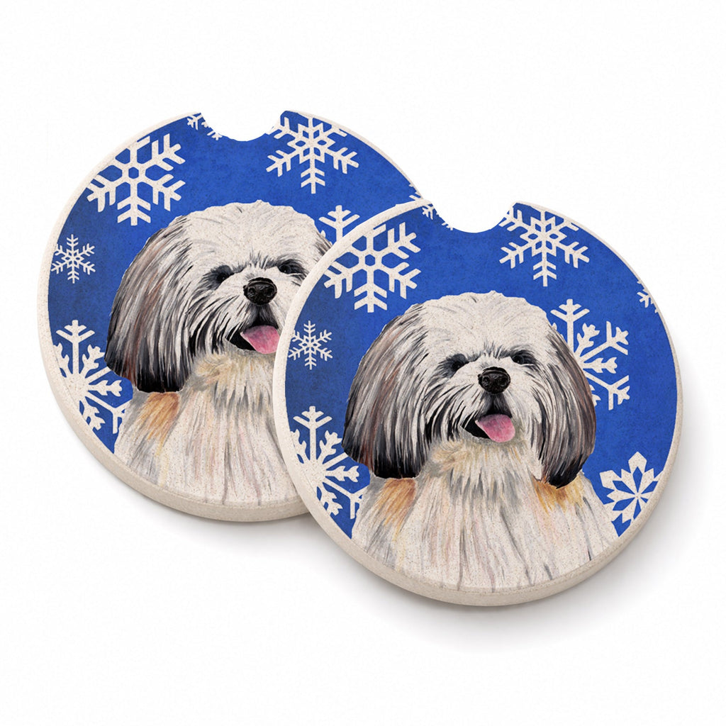Shih Tzu Winter Snowflakes Holiday Set of 2 Cup Holder Car Coasters Absorbent Round Sandstone Coasters Gifts for Men or Women, 2.5, Multicolor