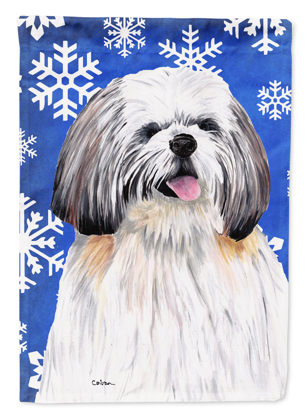 Shih Tzu Winter Snowflakes Holiday House Flag 28x40 Porch Sleeve Pole Decorative Outside Yard Banner Artwork Wall Hanging, Polyester