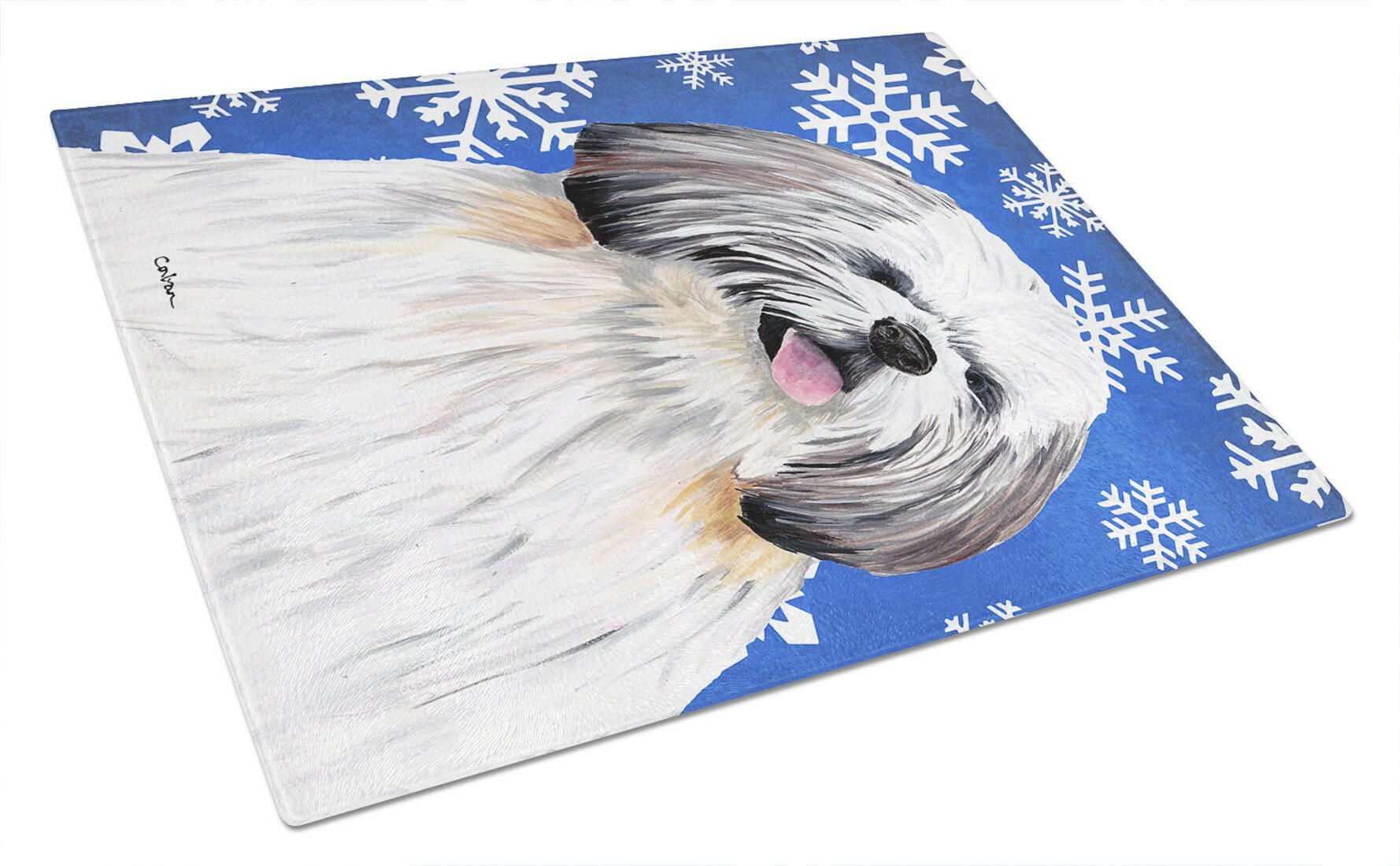 Shih Tzu Winter Snowflakes Holiday Cutting Board Tempered Glass Kitchen Cutting Surface, Heat Resistant Chopping, Non-Slip Feet, Food Prep & Serving