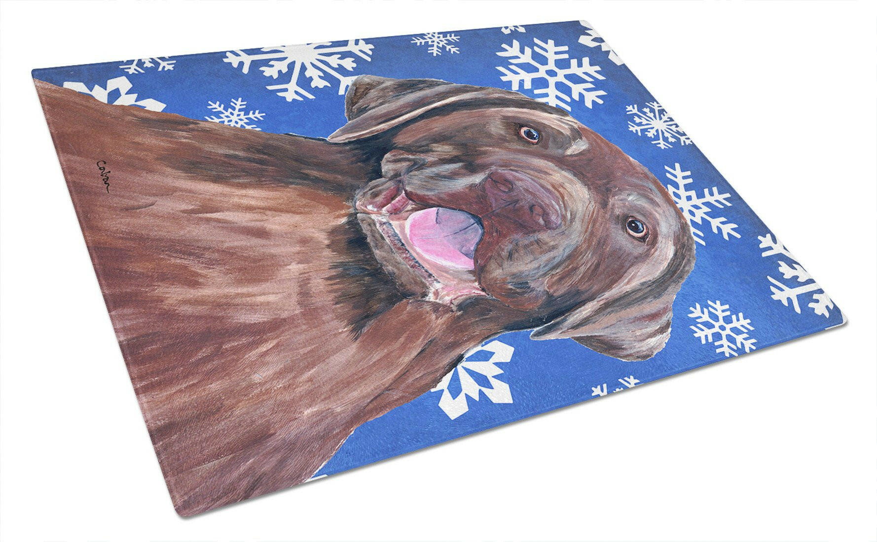 Labrador Winter Snowflakes Holiday Cutting Board Tempered Glass Kitchen Cutting Surface, Heat Resistant Chopping, Non-Slip Feet, Food Prep & Serving