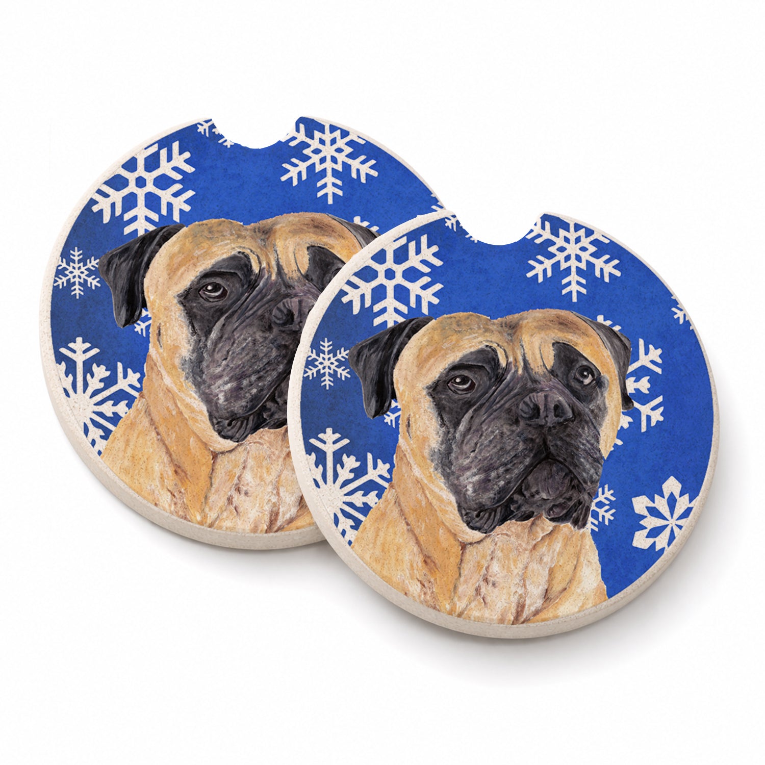 Mastiff Winter Snowflakes Holiday Set of 2 Cup Holder Car Coasters Absorbent Round Sandstone Coasters Gifts for Men or Women, 2.5, Multicolor