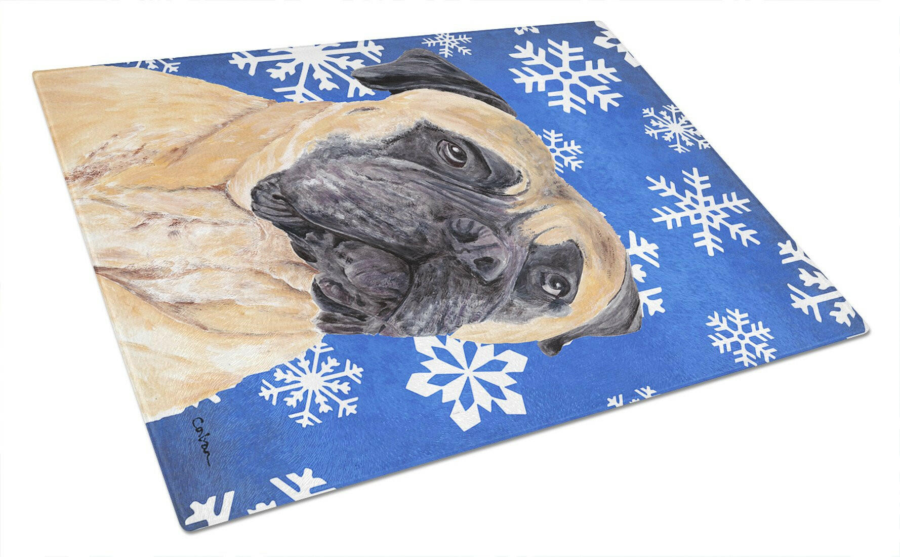 Mastiff Winter Snowflakes Holiday Cutting Board Tempered Glass Kitchen Cutting Surface, Heat Resistant Chopping, Non-Slip Feet, Food Prep & Serving