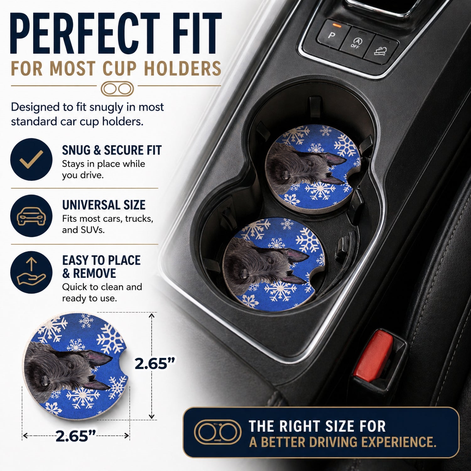 Scottish Terrier Winter Snowflakes Holiday Set of 2 Cup Holder Car Coasters Absorbent Round Sandstone Coasters Gifts for Men or Women, 2.5, Multicolor