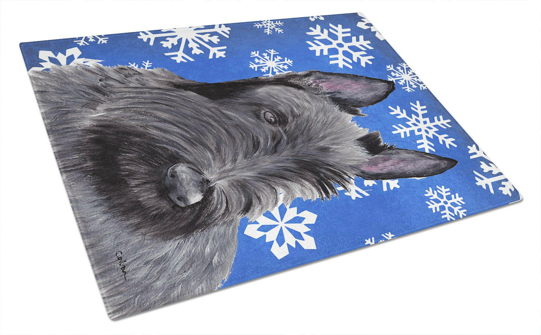 Scottish Terrier Winter Snowflakes Holiday Cutting Board Tempered Glass Kitchen Cutting Surface, Heat Resistant Chopping, Non-Slip Feet, Food Prep & Serving