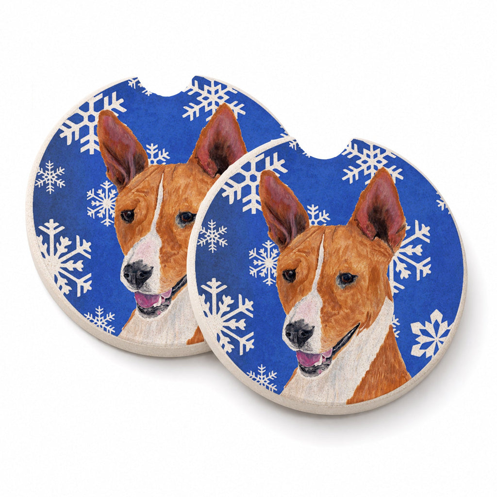 Basenji Winter Snowflakes Holiday Set of 2 Cup Holder Car Coasters Absorbent Round Sandstone Coasters Gifts for Men or Women, 2.5, Multicolor