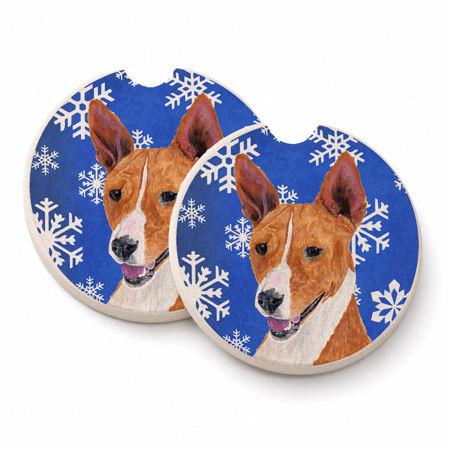 Basenji Winter Snowflakes Holiday Set of 2 Cup Holder Car Coasters Absorbent Round Sandstone Coasters Gifts for Men or Women, 2.5, Multicolor