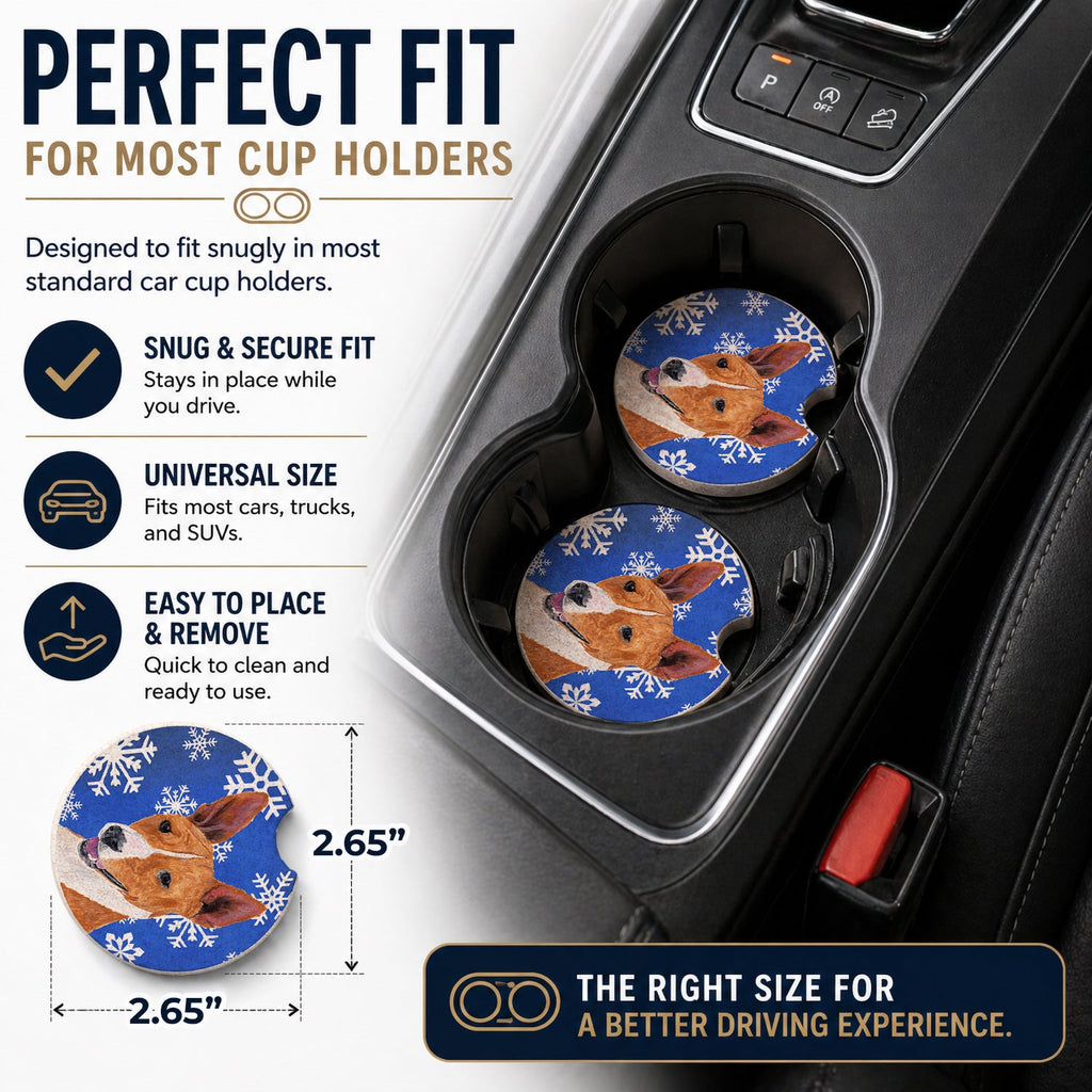 Basenji Winter Snowflakes Holiday Set of 2 Cup Holder Car Coasters Absorbent Round Sandstone Coasters Gifts for Men or Women, 2.5, Multicolor