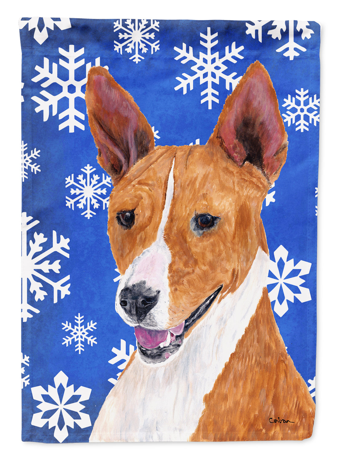 Basenji Winter Snowflakes Holiday House Flag 28x40 Porch Sleeve Pole Decorative Outside Yard Banner Artwork Wall Hanging, Polyester