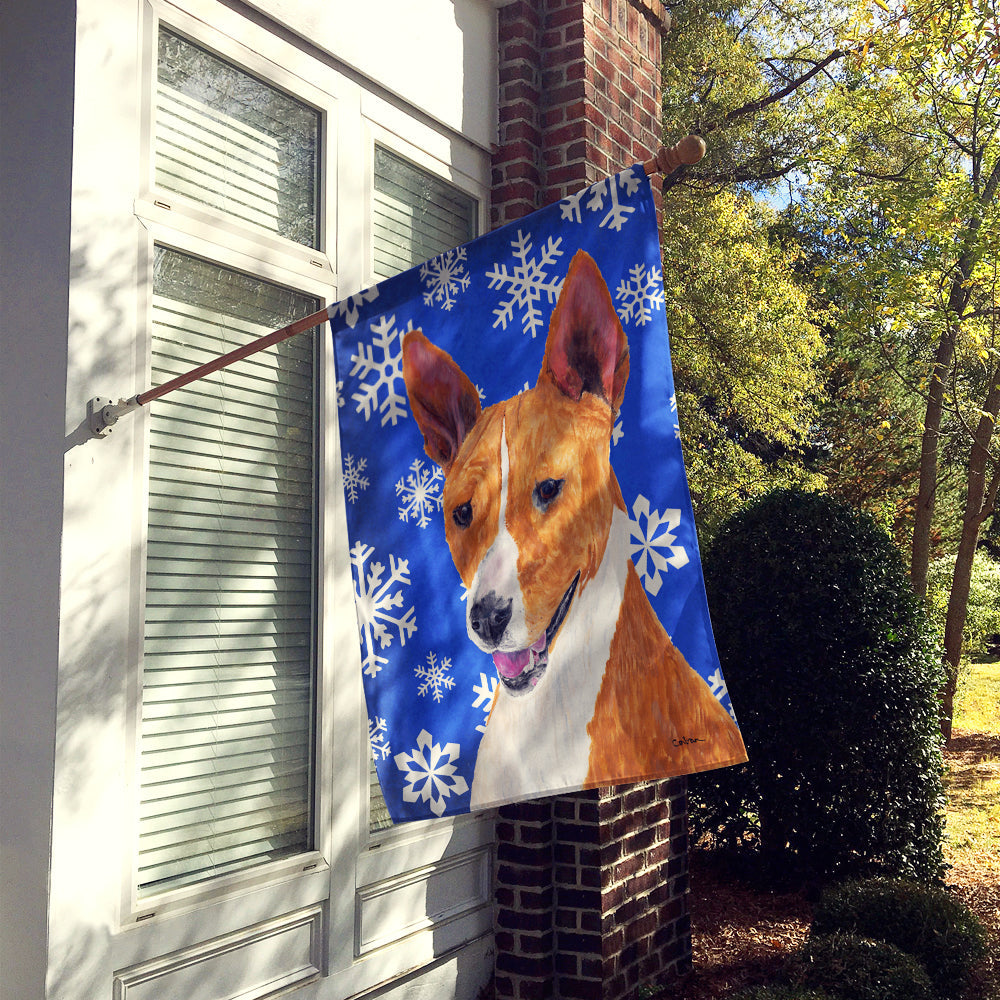 Basenji Winter Snowflakes Holiday House Flag 28x40 Porch Sleeve Pole Decorative Outside Yard Banner Artwork Wall Hanging, Polyester
