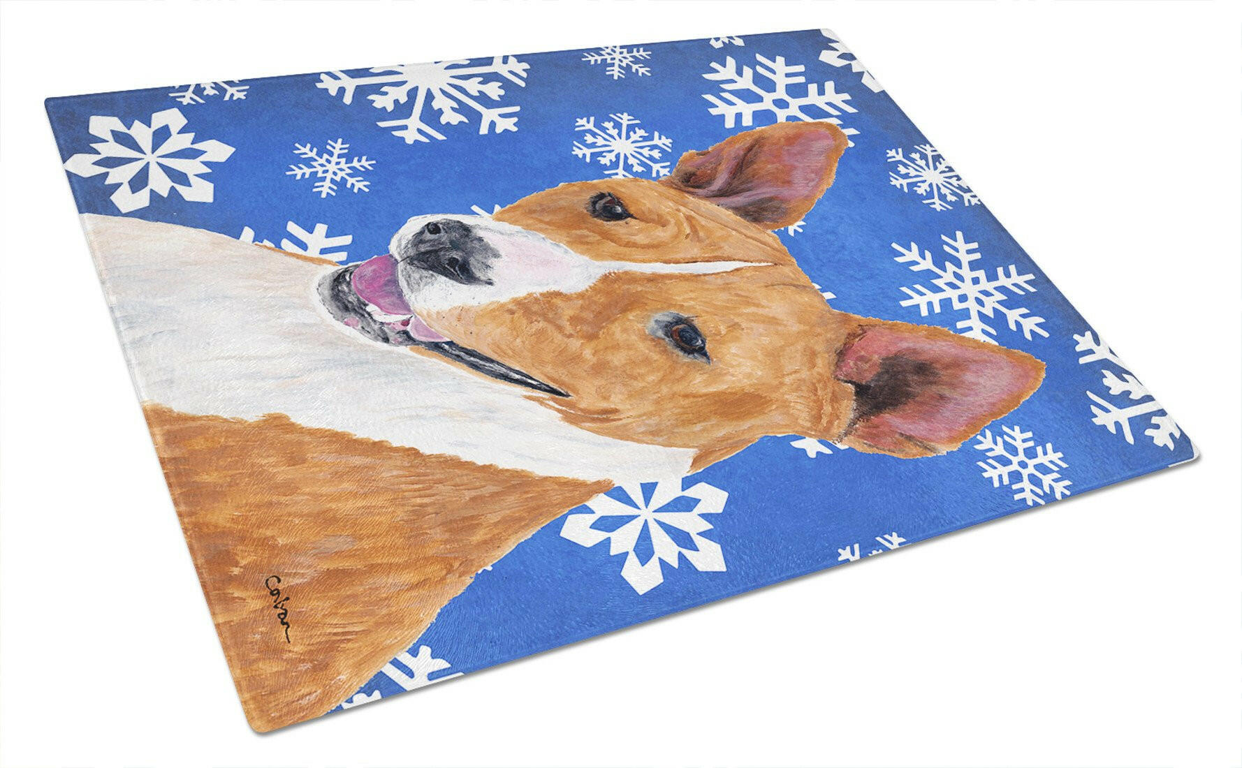 Basenji Winter Snowflakes Holiday Cutting Board Tempered Glass Kitchen Cutting Surface, Heat Resistant Chopping, Non-Slip Feet, Food Prep & Serving