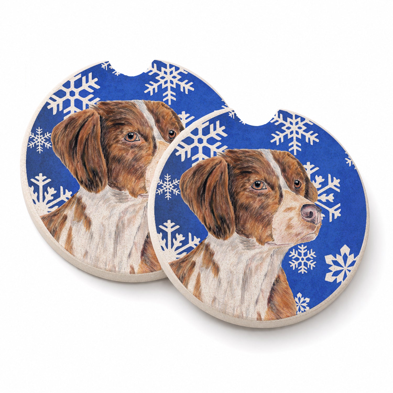 Brittany Winter Snowflakes Holiday Set of 2 Cup Holder Car Coasters Absorbent Round Sandstone Coasters Gifts for Men or Women, 2.5, Multicolor