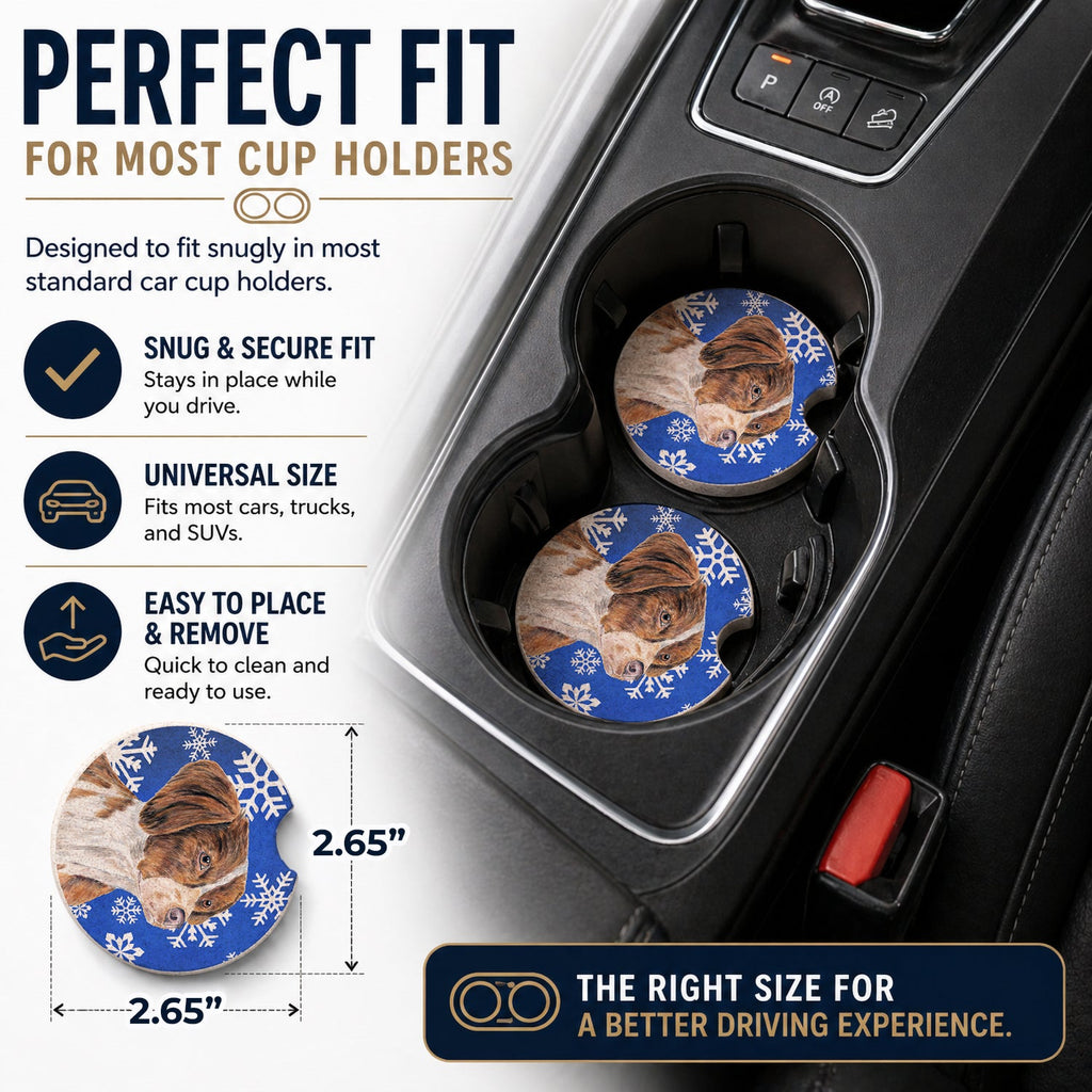 Brittany Winter Snowflakes Holiday Set of 2 Cup Holder Car Coasters Absorbent Round Sandstone Coasters Gifts for Men or Women, 2.5, Multicolor