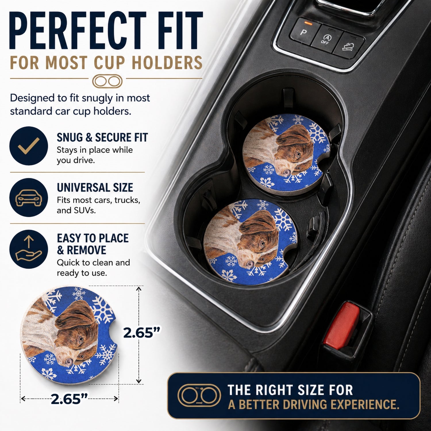 Brittany Winter Snowflakes Holiday Set of 2 Cup Holder Car Coasters Absorbent Round Sandstone Coasters Gifts for Men or Women, 2.5, Multicolor