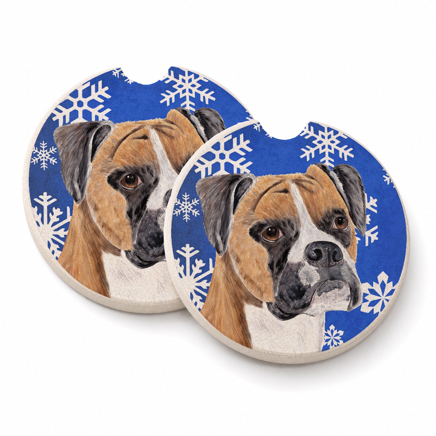 Boxer Winter Snowflakes Holiday Set of 2 Cup Holder Car Coasters Absorbent Round Sandstone Coasters Gifts for Men or Women, 2.5, Multicolor